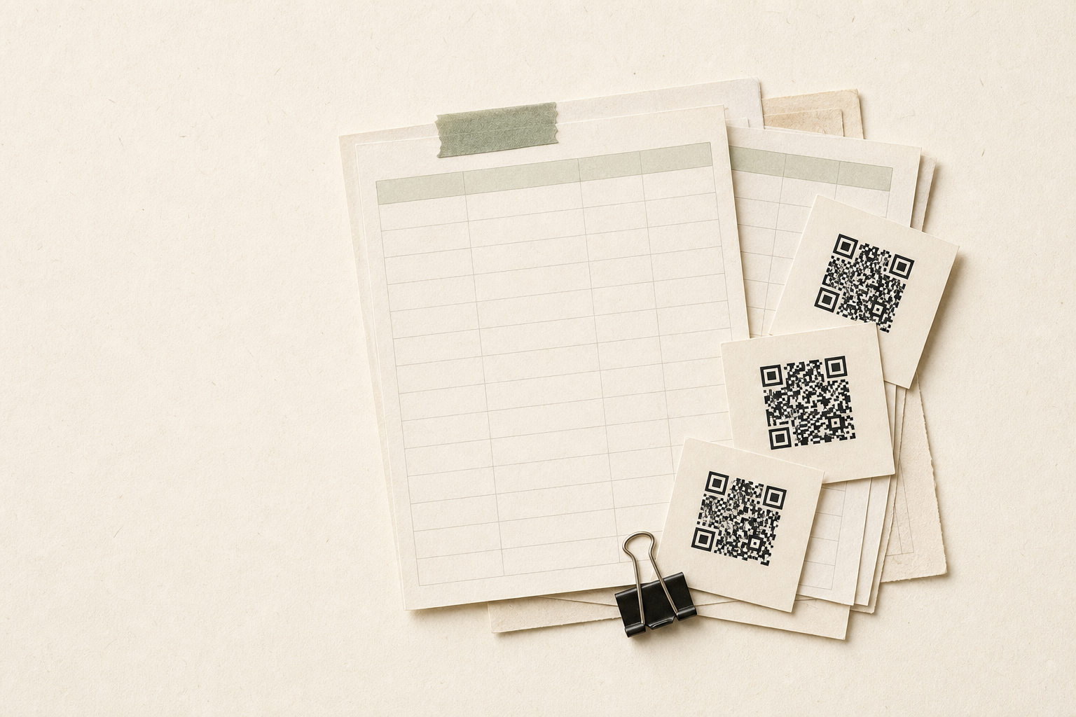 Paper spreadsheets, binder clip, and printed QR labels